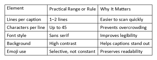 Table showing subtitle guidelines: 1-2 lines per caption, up to 45 characters per line, sans serif font, high contrast
