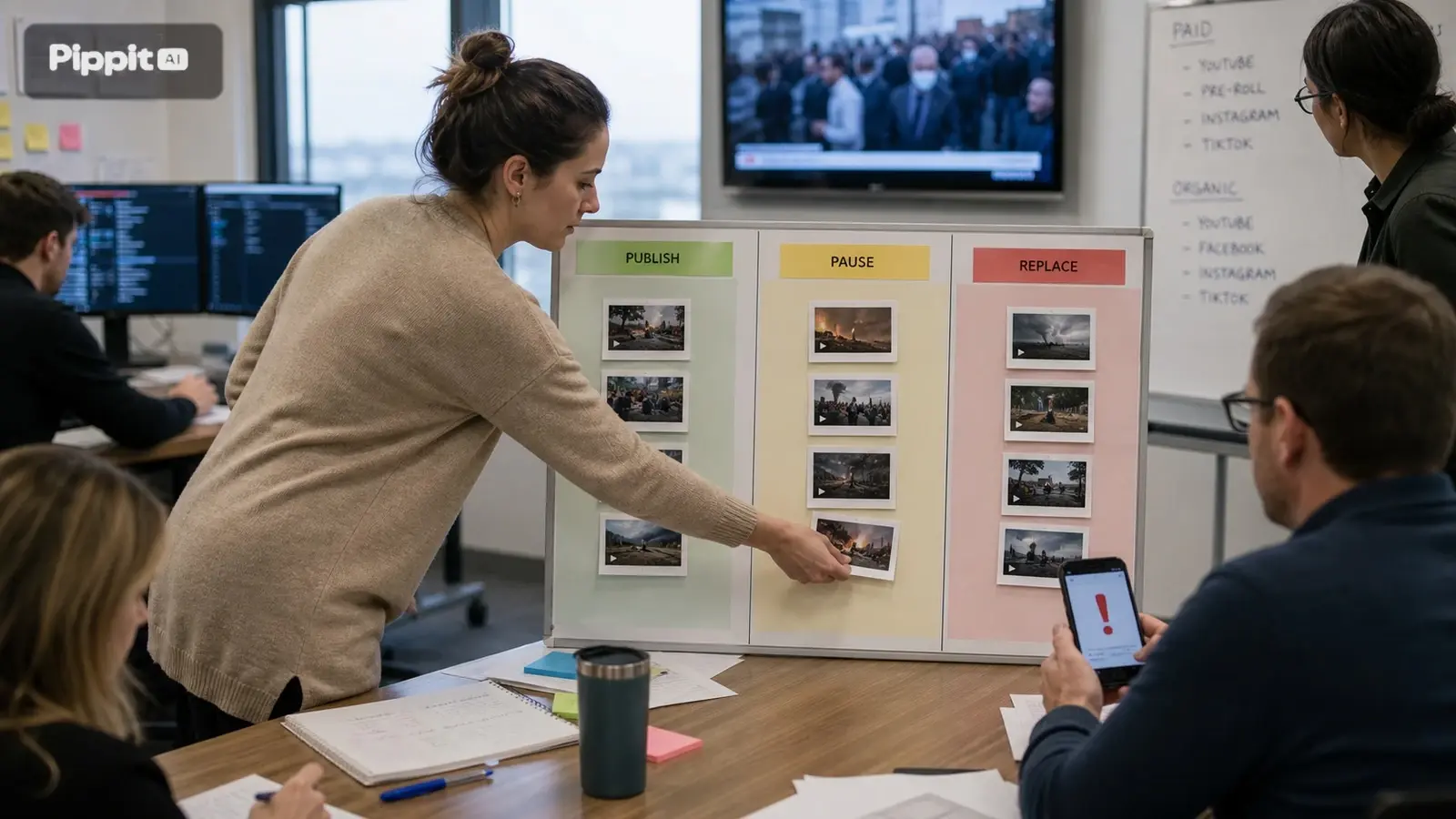 Team reviews a board labeled publish, pause, and replace with video thumbnails
