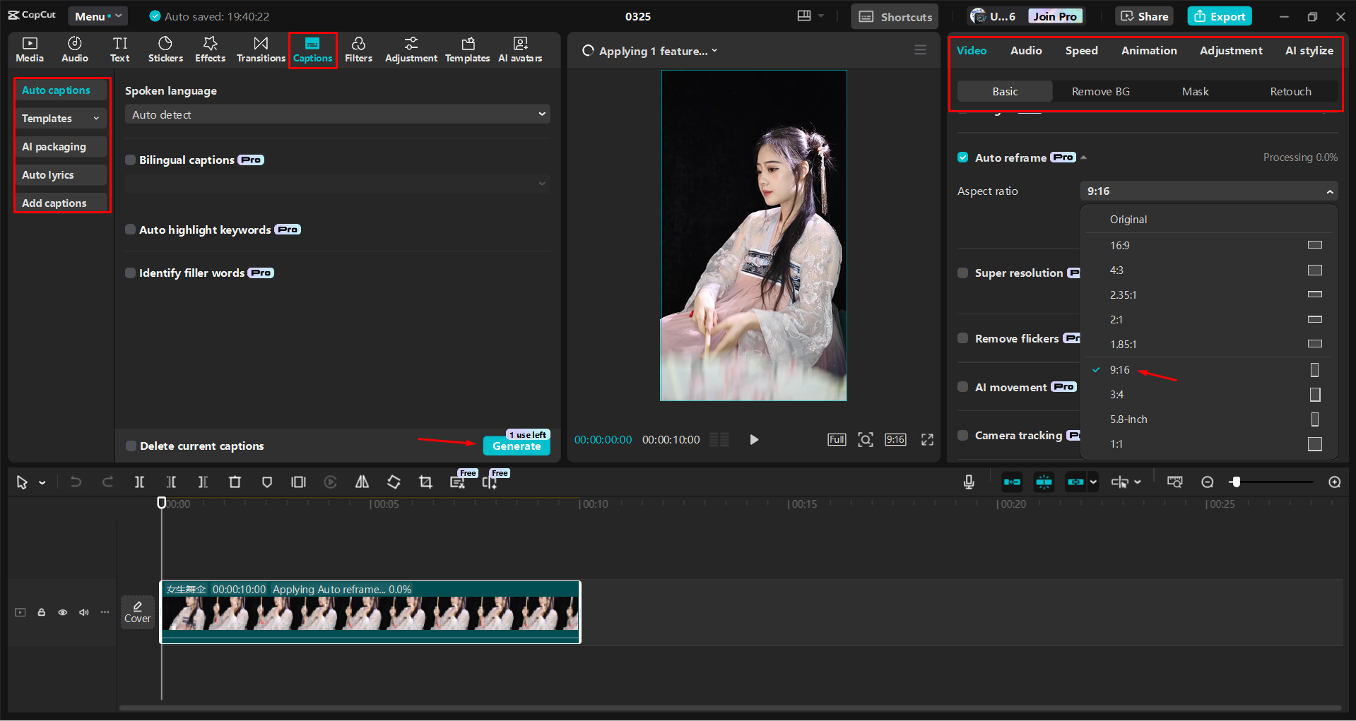 Auto reframing and editing an Instagram reel in the CapCut desktop video editor