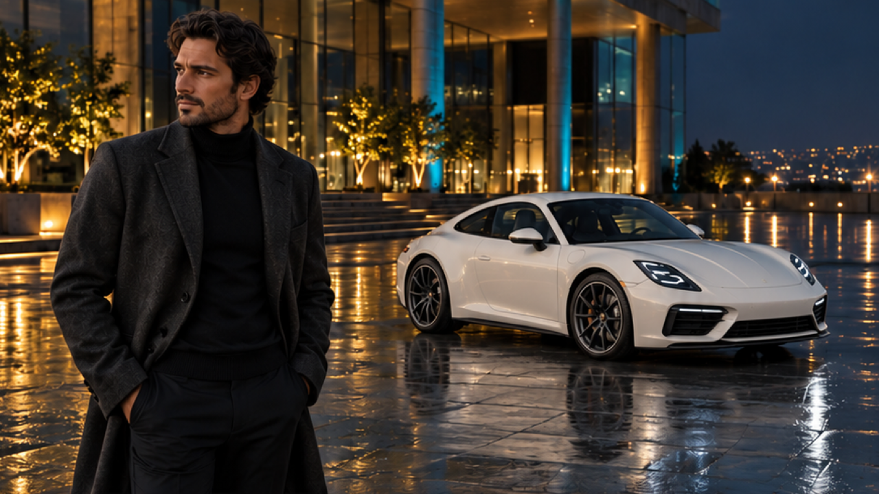 16:9 cinematic final frame, adult charcoal coat foreground left, complete original pearl-white sports coupe several meters behind at three-quarter angle on wet plaza, grounded wheels, cyan amber architectural night lighting, luxury editorial realism, no logos or text.