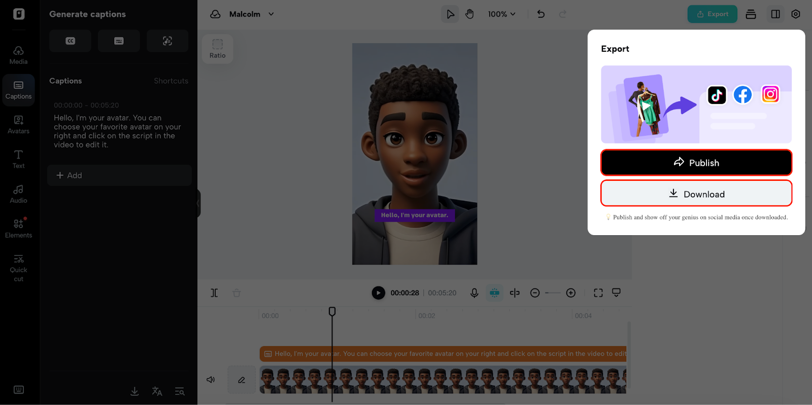 Export options and publishing interface