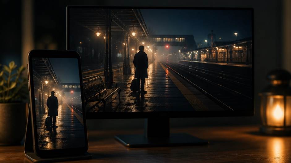 Golden-hour beach portrait of a fictional adult Late Night Railway Station Alone Ai Video Prompt