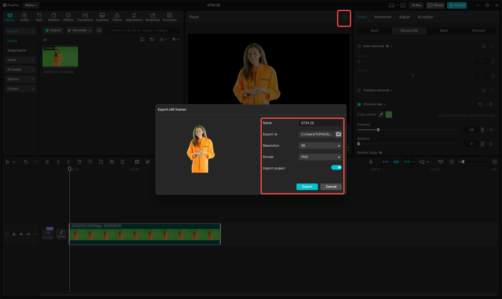Exporting the image in CapCut
