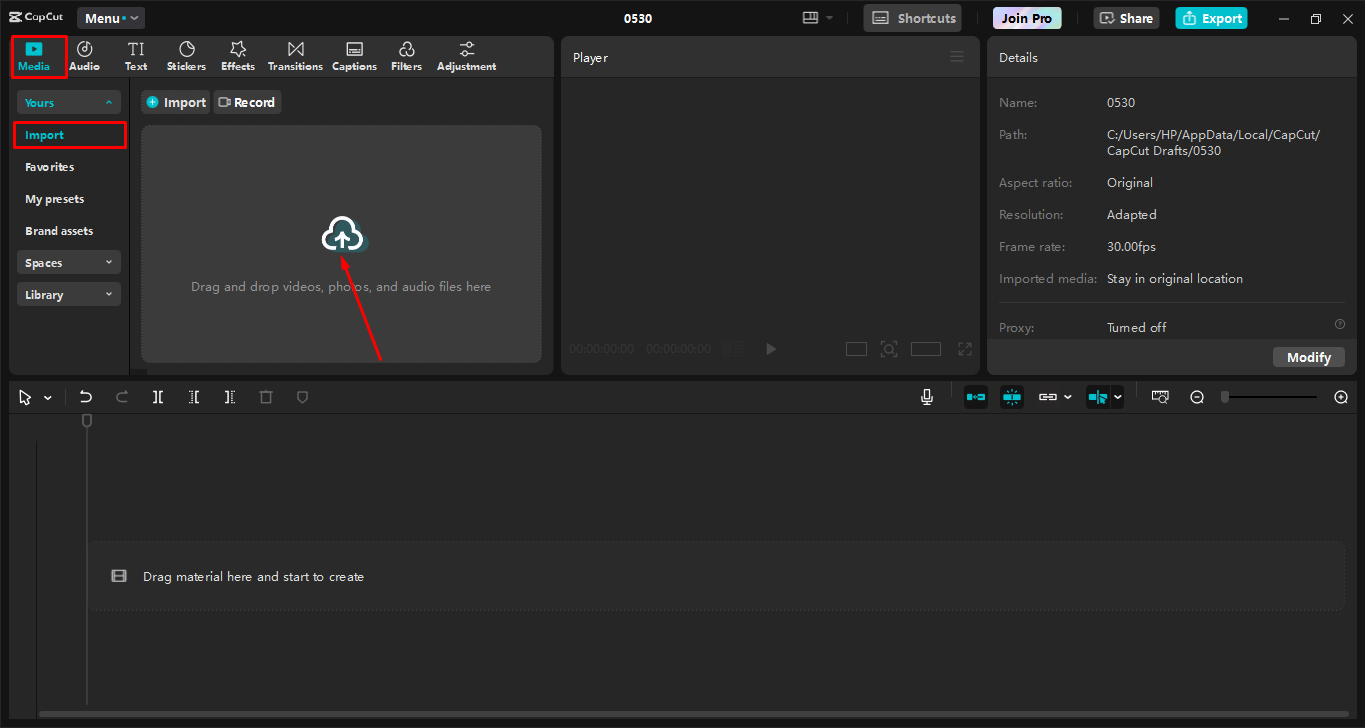 Hochladen eines Videos auf den CapCut Desktop-Video-Editor