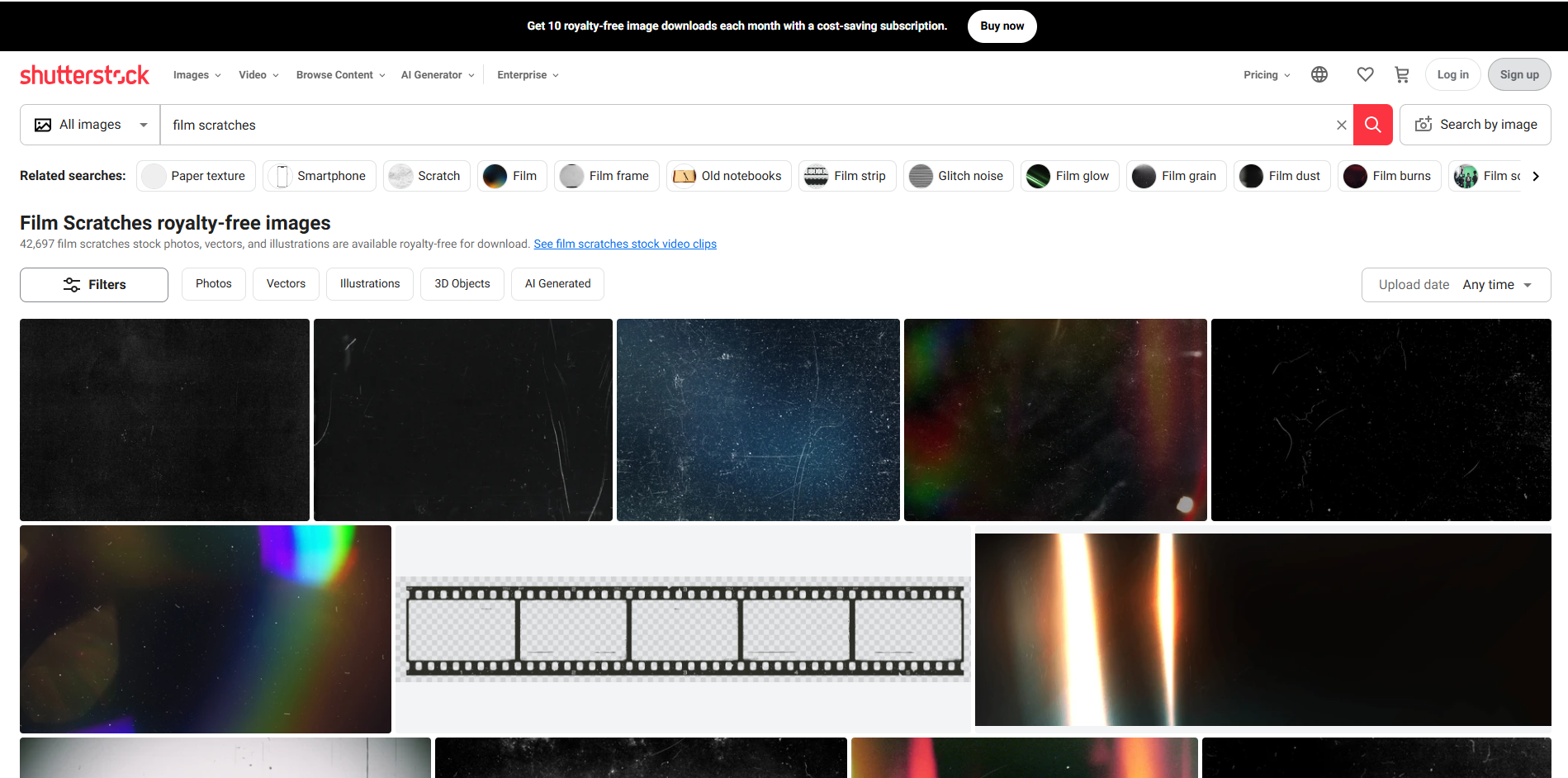 Interface of Shutterstock - a valuable resource for film scratches overlay