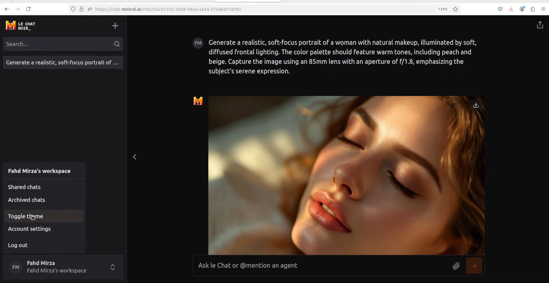 Interface of Le Chat - a highly accessible Flux AI image generator