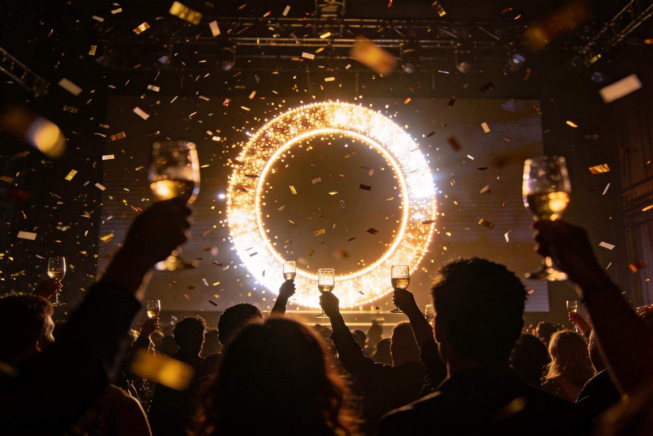 Crowd toasting in front of a glowing countdown ring with falling confetti