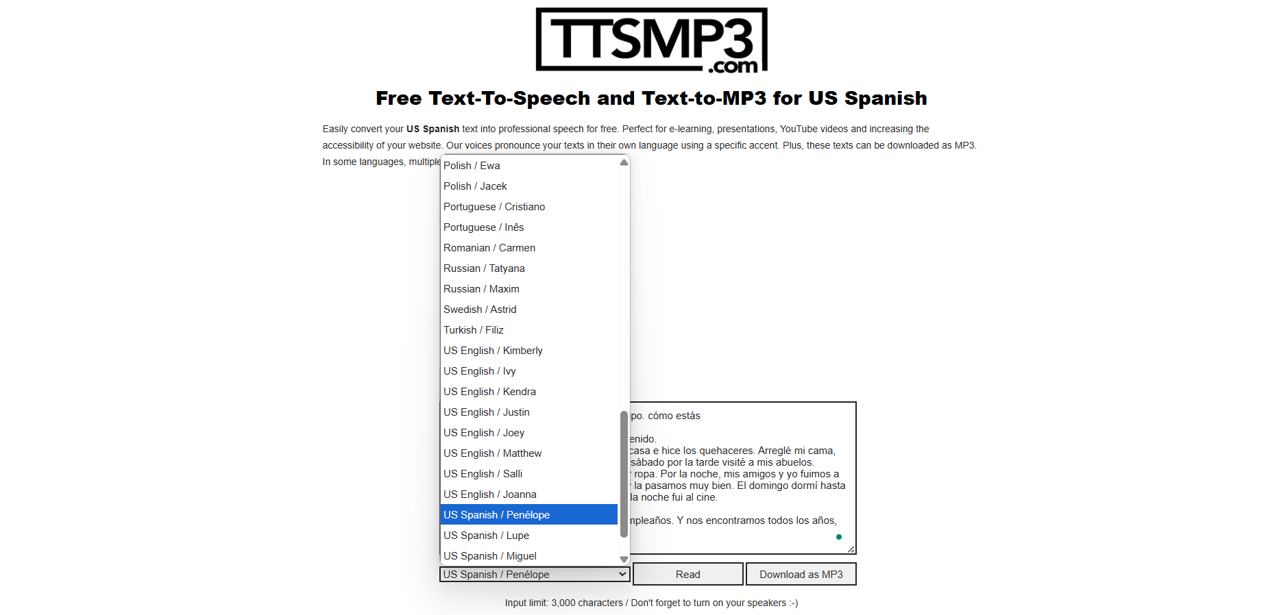 ttsMP3 스페인어 AI 음성 생성기 인터페이스