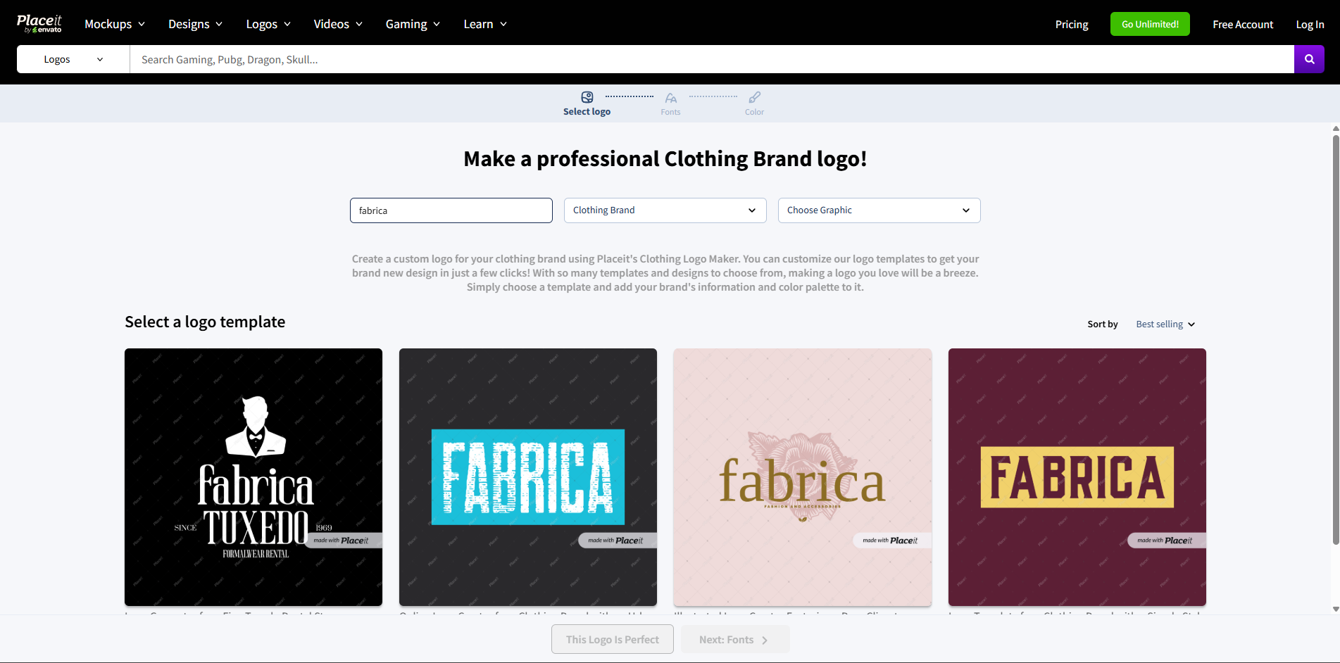 Interface of Placeit - a user-friendly clothing brand logo maker