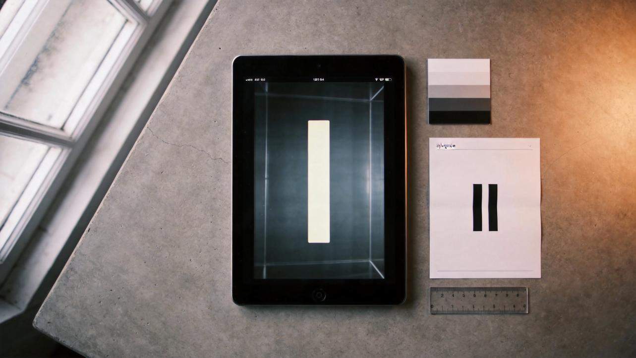 Tablet on a desk with a tall vertical rectangle on screen, beside a pause symbol card, color swatches, and a ruler