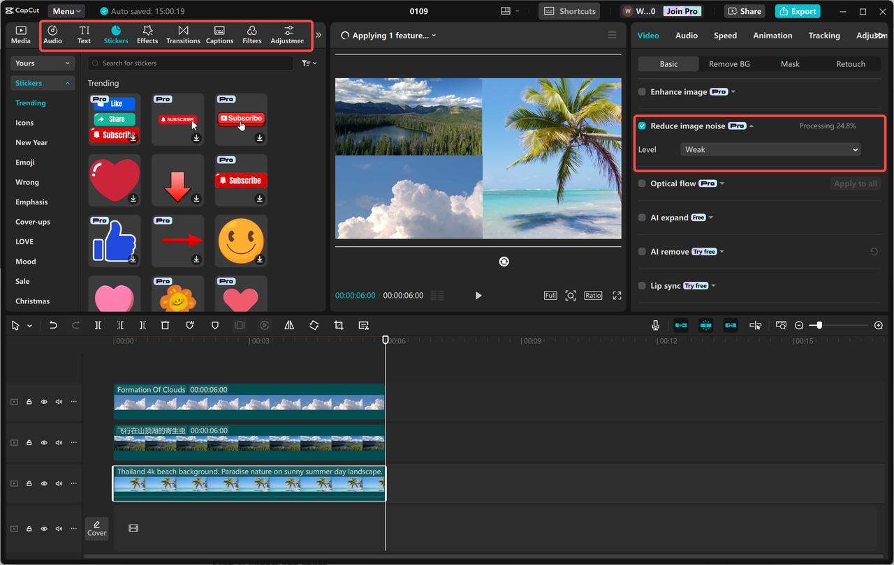 Cusând imaginile împreună în editorul video CapCut desktop