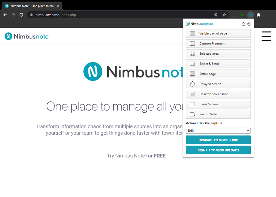 Інтерфейс Nimbus Screen Capture зі скріншотами та відеоінструментами