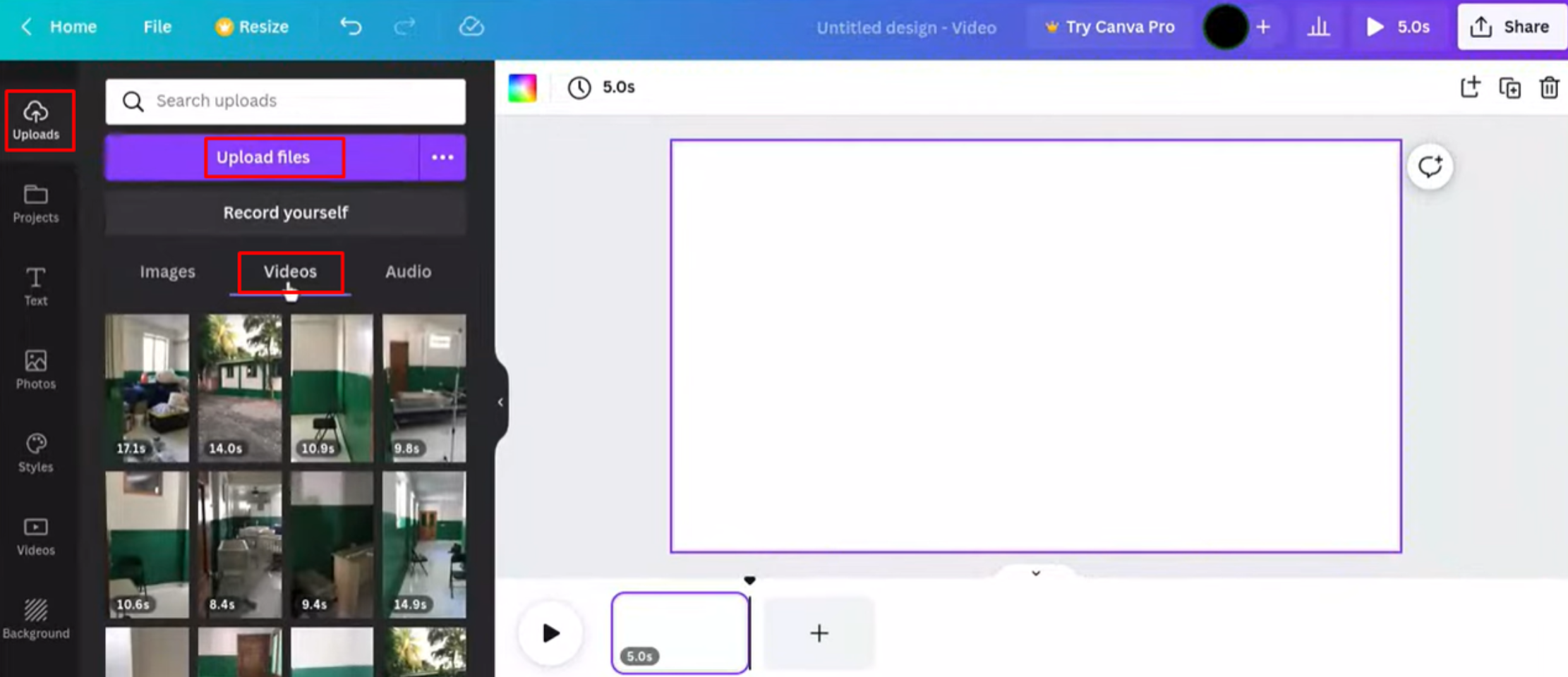 Uploading the video in Canva