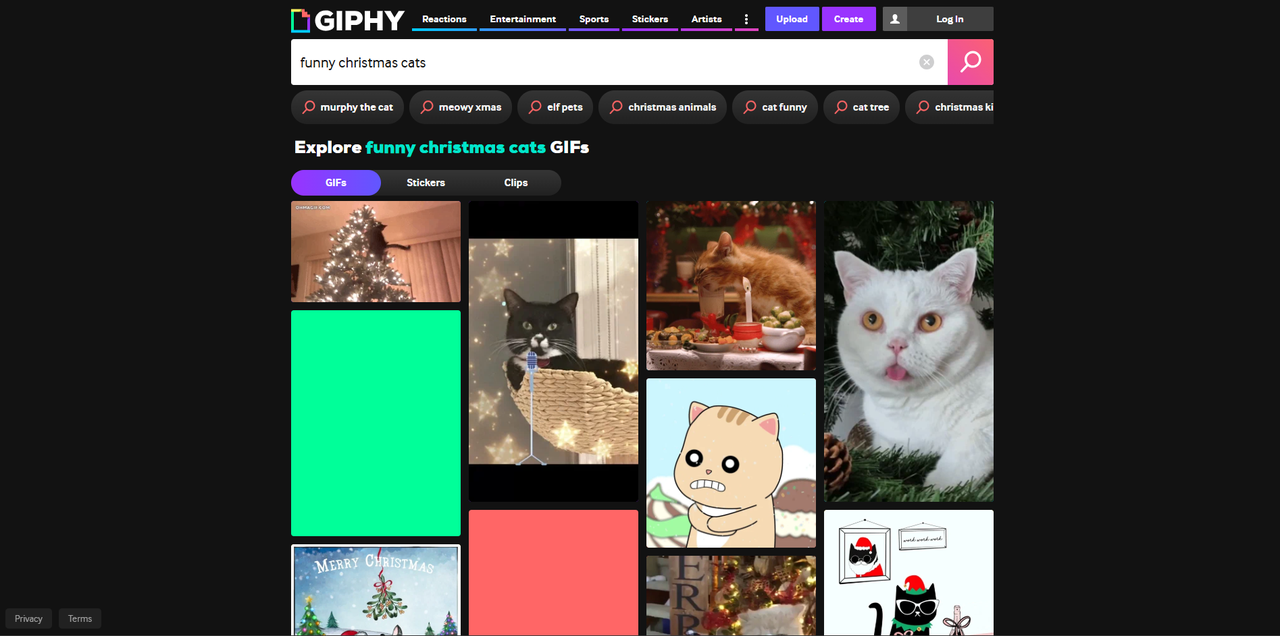Interface of GIPHY - another place to find funny Christmas cat memes