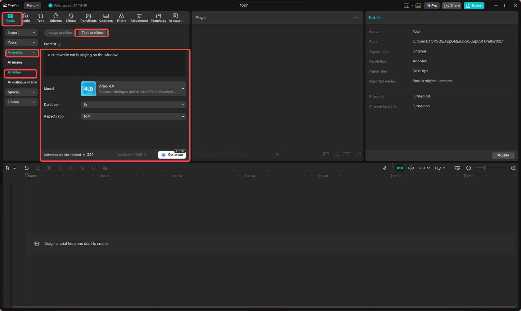 Accessing the text to video feature in CapCut