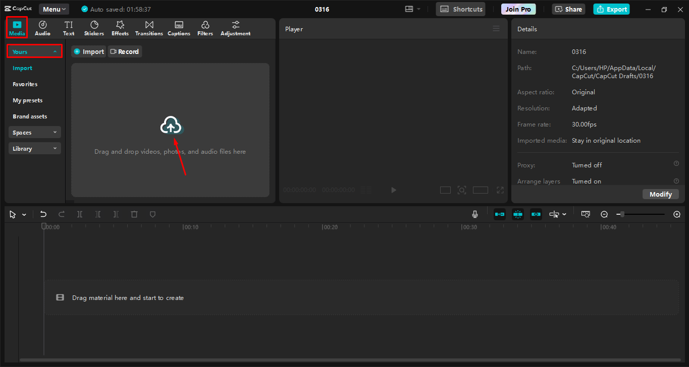 Videó feltöltése a CapCut asztali videószerkesztőjébe
