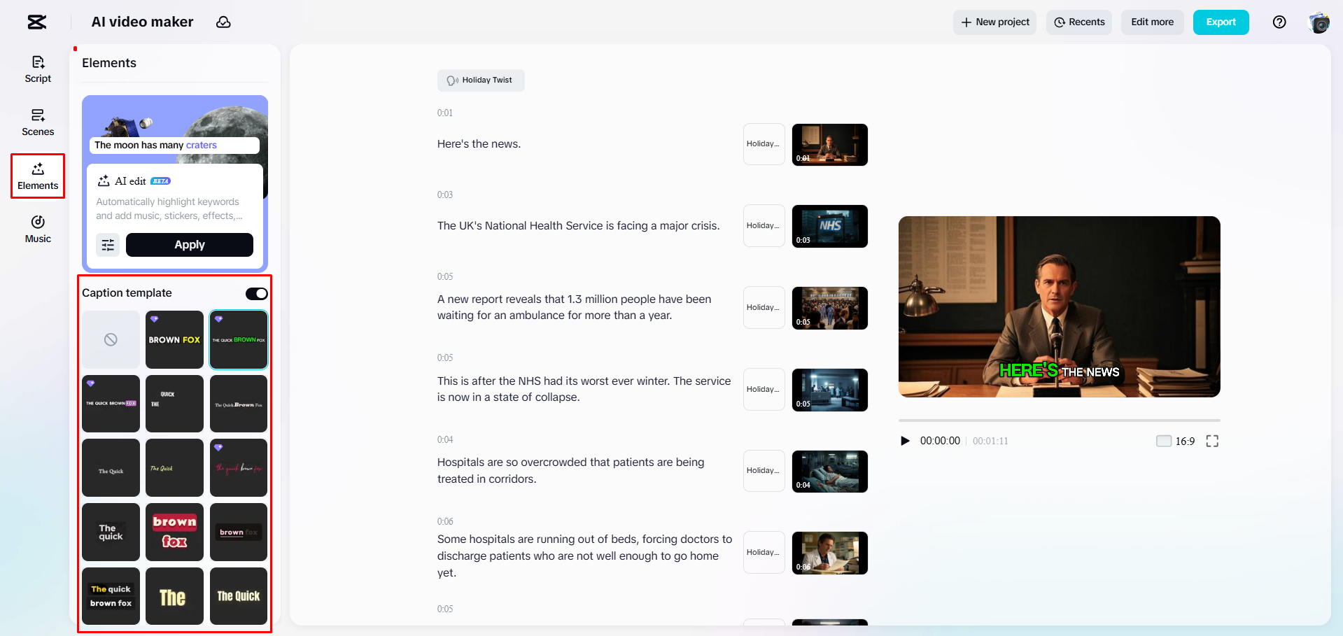 Selecting caption templates for a video in CapCut Web