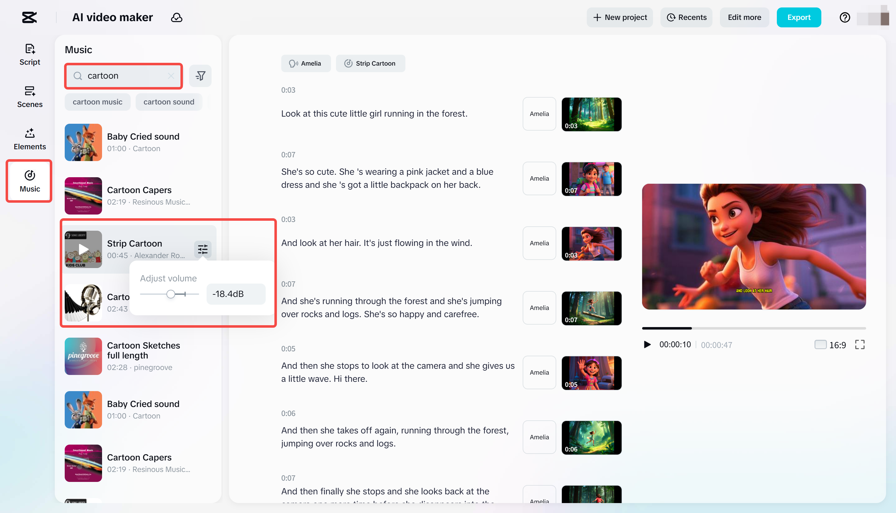 Zene alkalmazása rajzfilmes videókhoz a CapCut Web AI videókészítőjével