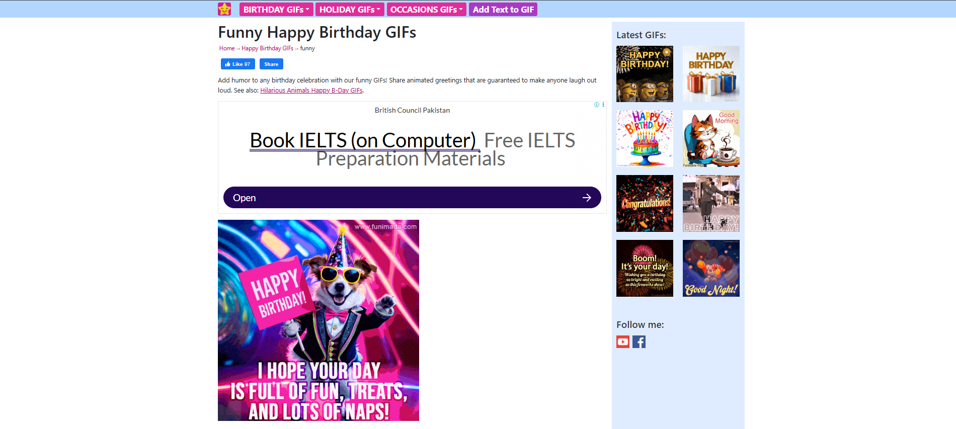 Interface of Funimada - a perfect place to find funny birthday GIFs