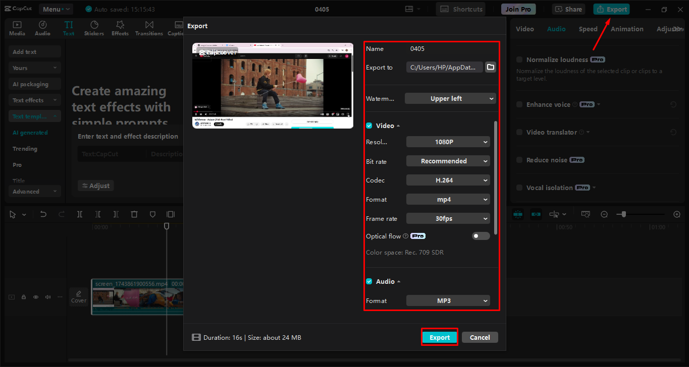 Exporting the video from the CapCut desktop video editor