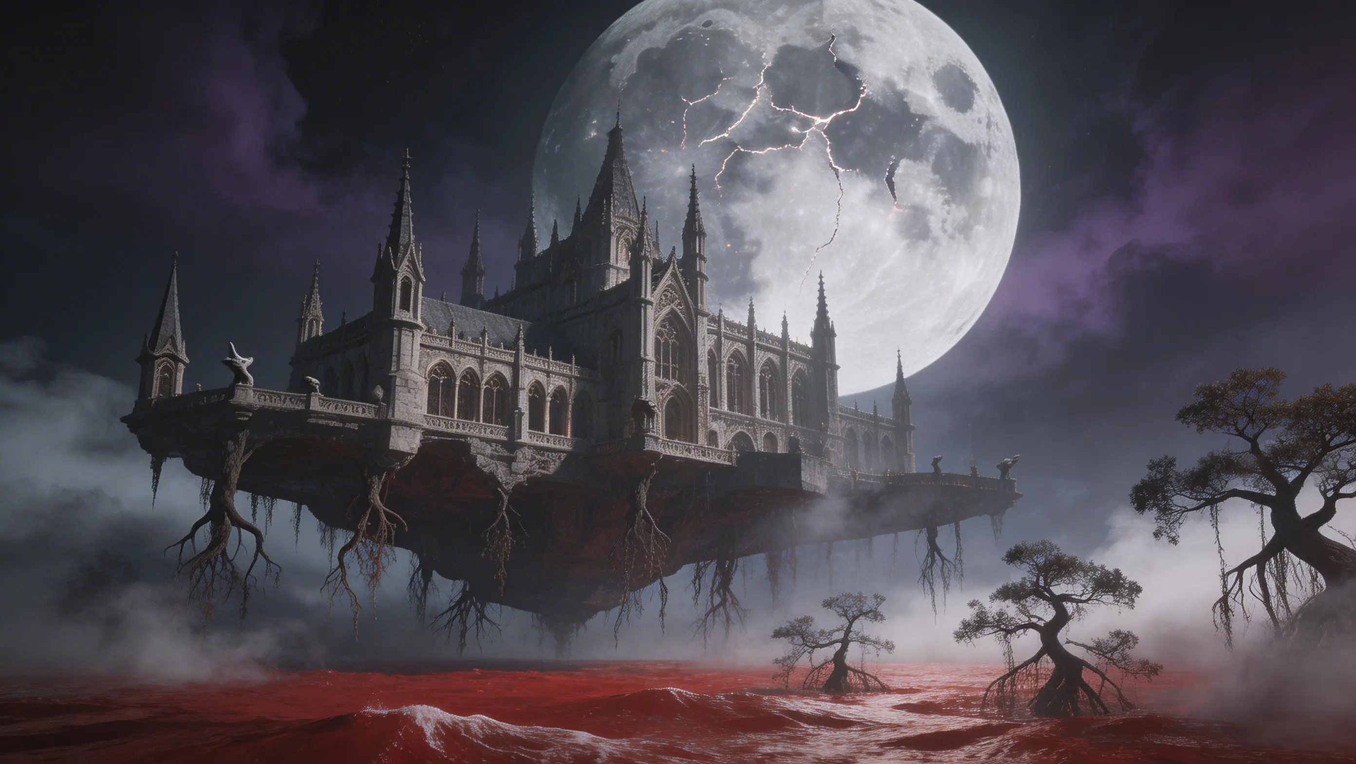 Castelo gótico flutuante oceano carmesim