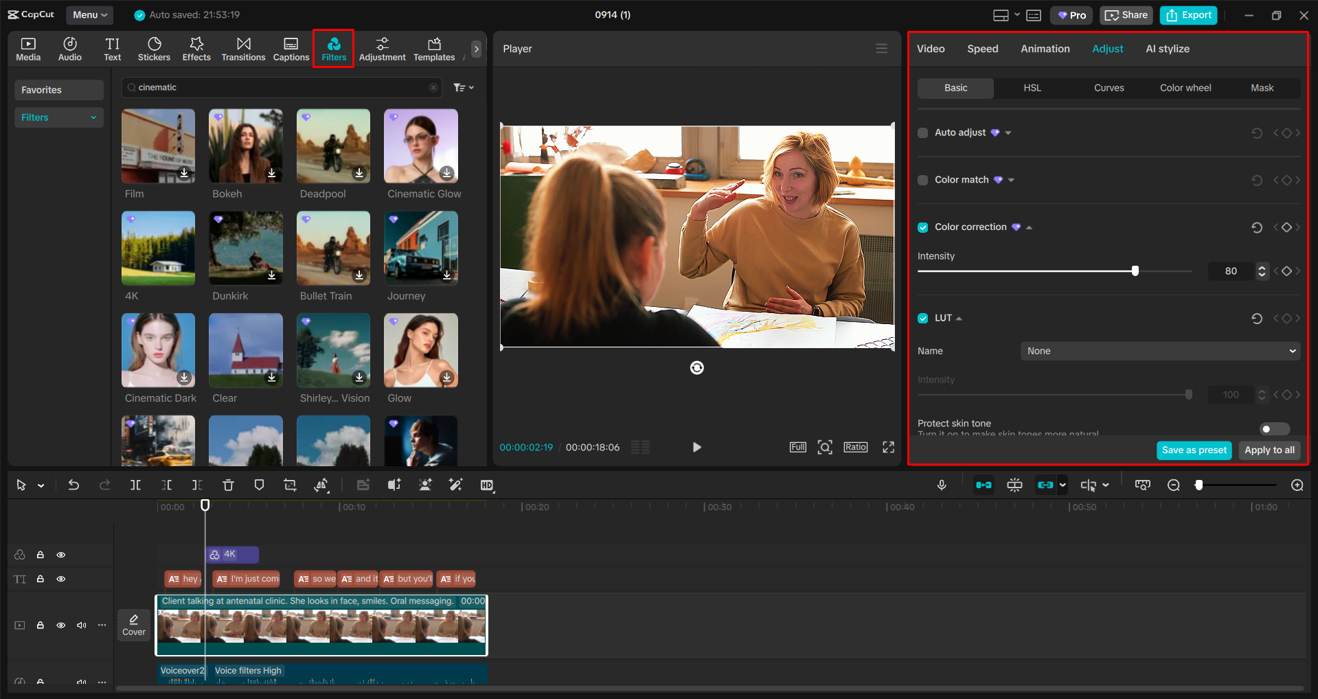 Color grading the video with the CapCut desktop video editor