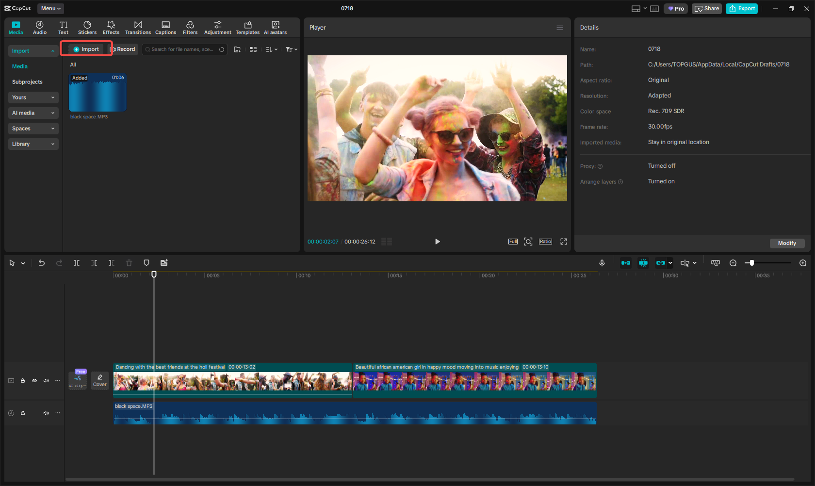 Importar video y audio a CapCut