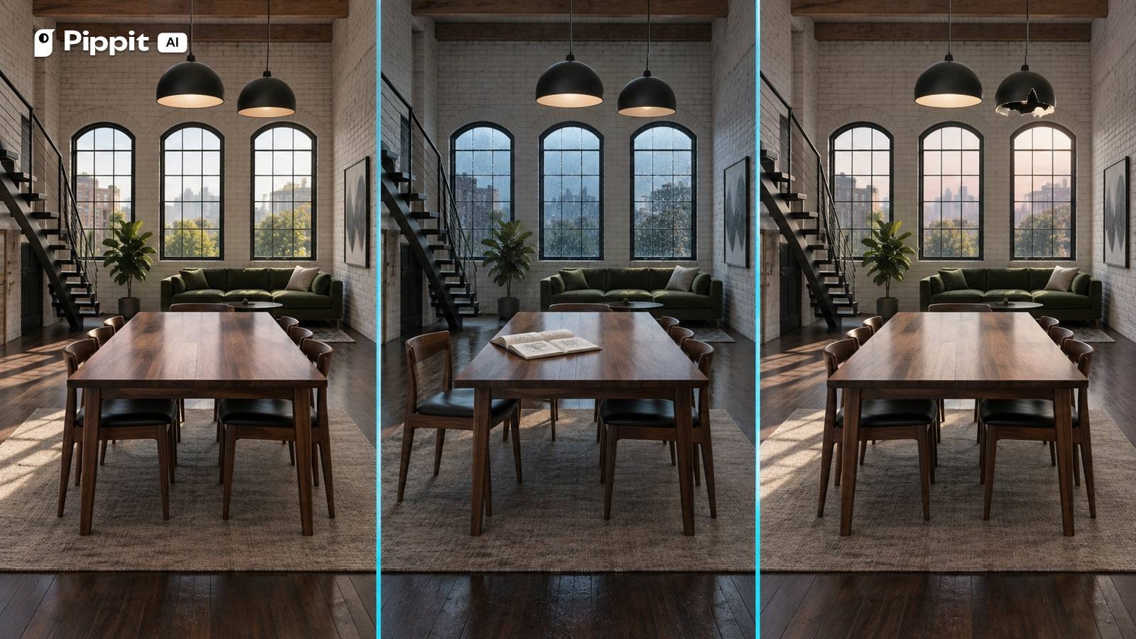Three matching loft views show a clean state, a rainy work state, and a later state with one broken pendant.