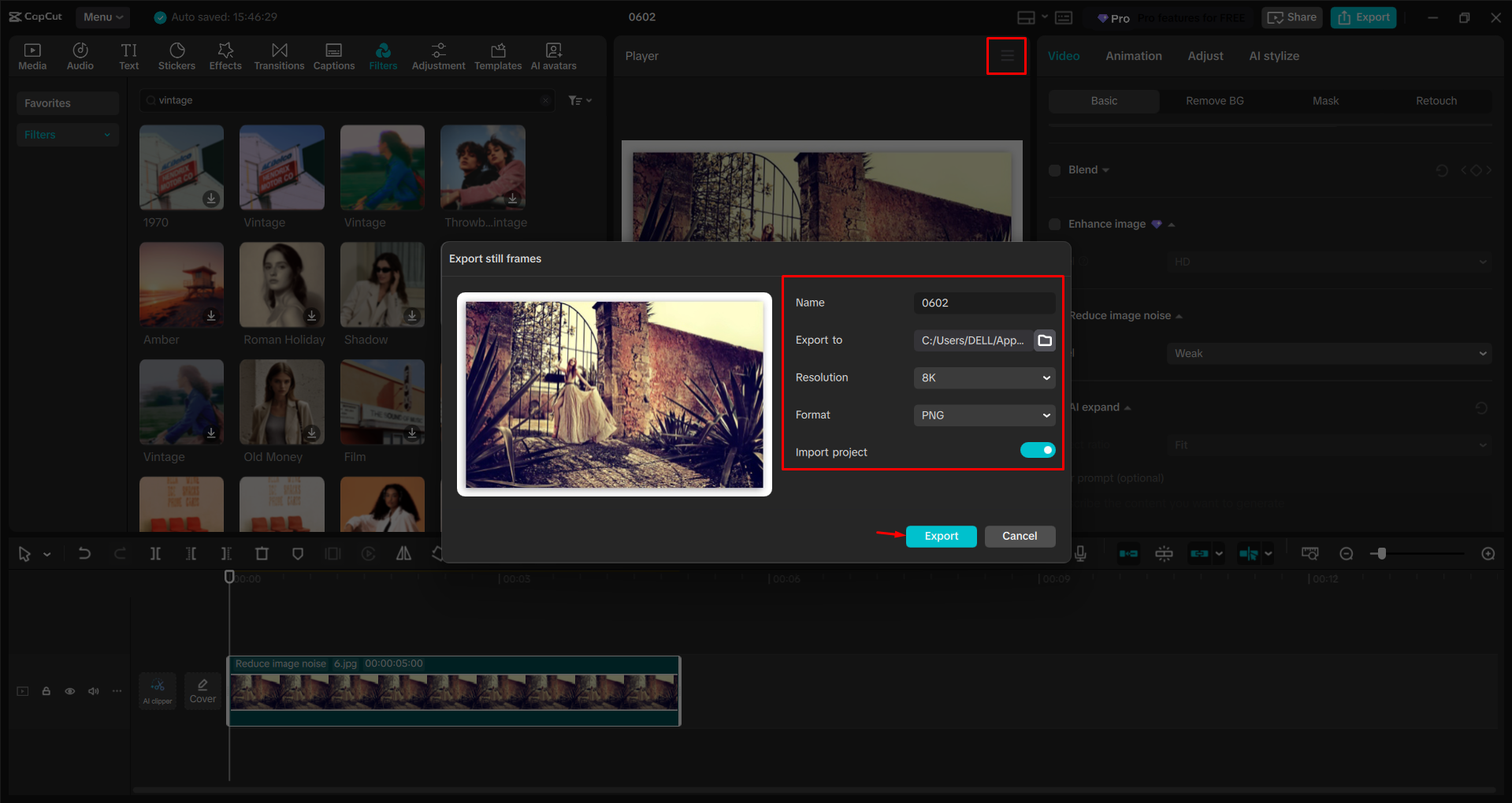Exporting an image from the CapCut desktop video editor