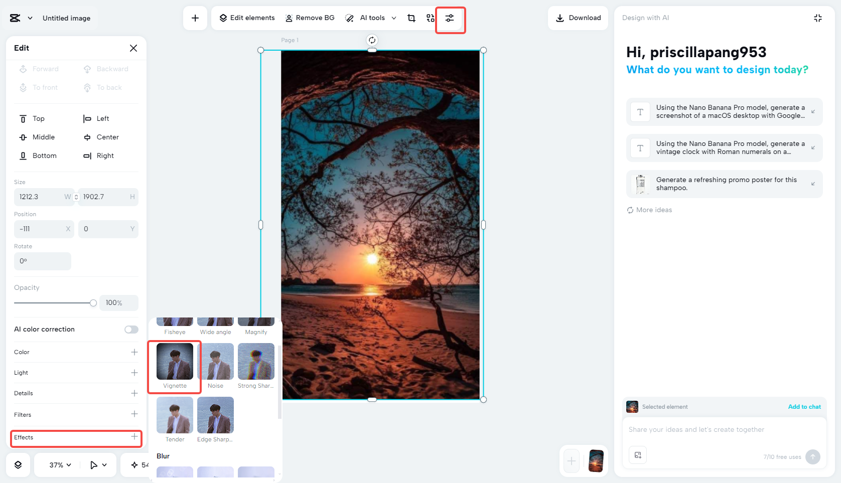 Adding a vintage effect to the photo in CapCut