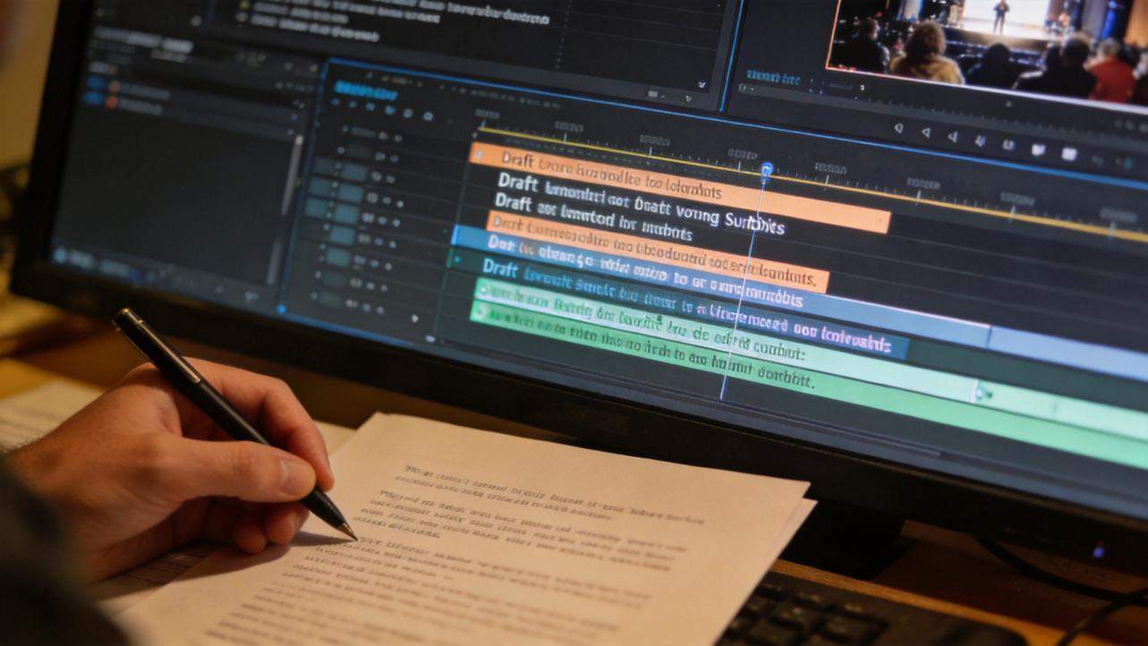 Hand editing subtitles on a video timeline in a desktop editing app