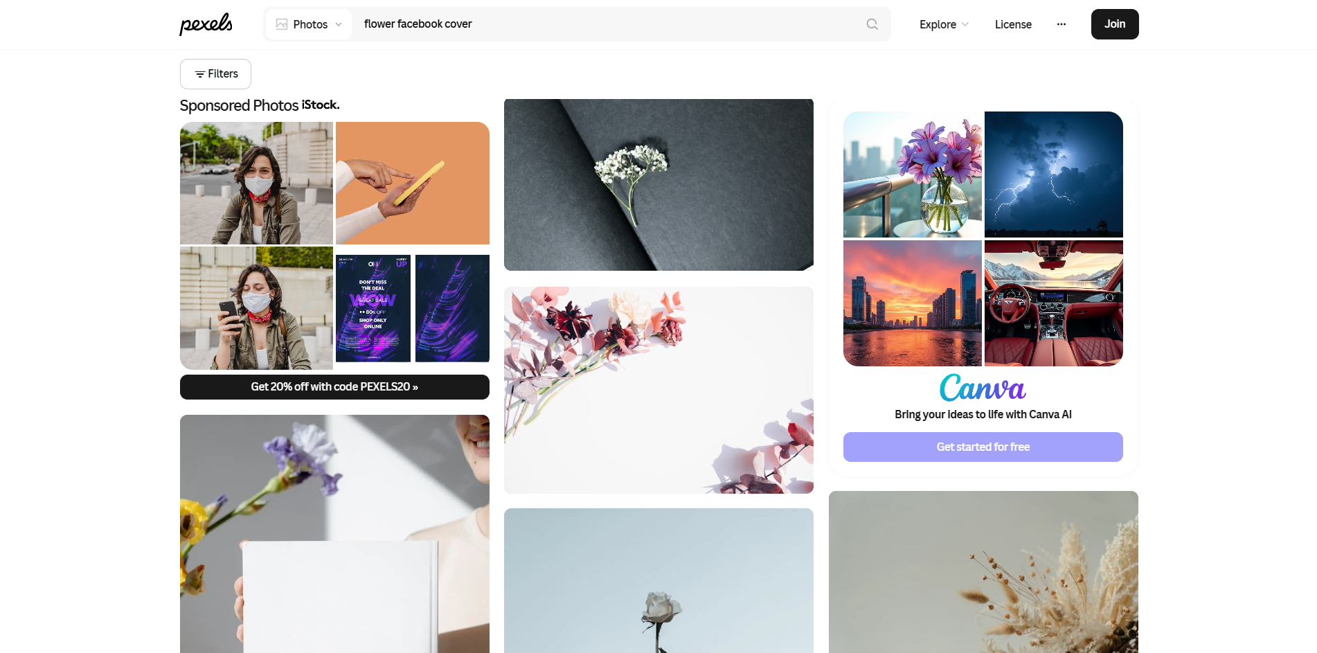 Interface of Pexels - a place to find flower Facebook cover photos
