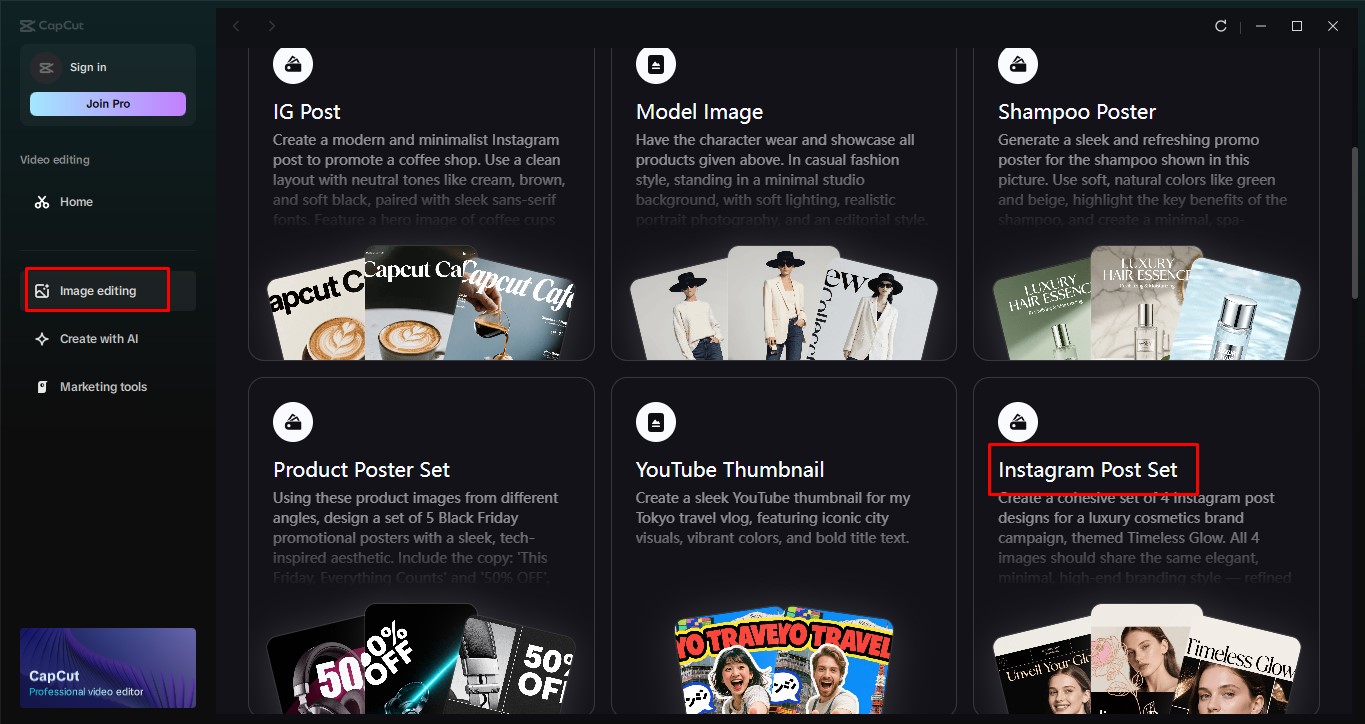 Open the Instagram post set tool