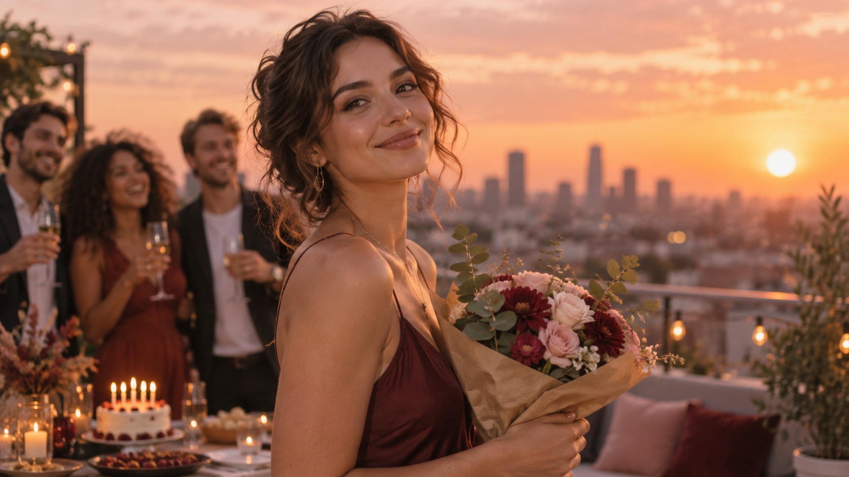 Aesthetic birthday celebration AI photo editing: Sunset Rooftop Celebration