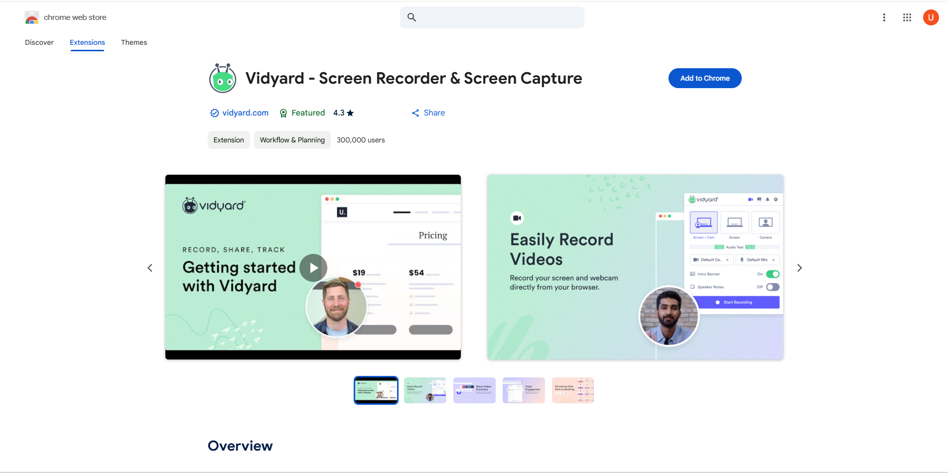 Interface of Viyard extension - an easy to use free screen recorder Chrome extension