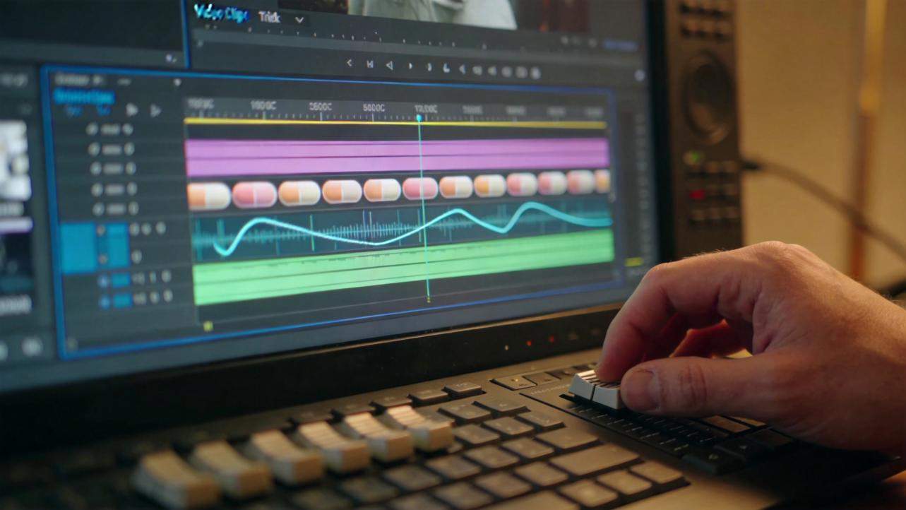 Hand adjusting controls on a video editing timeline with colorful audio tracks