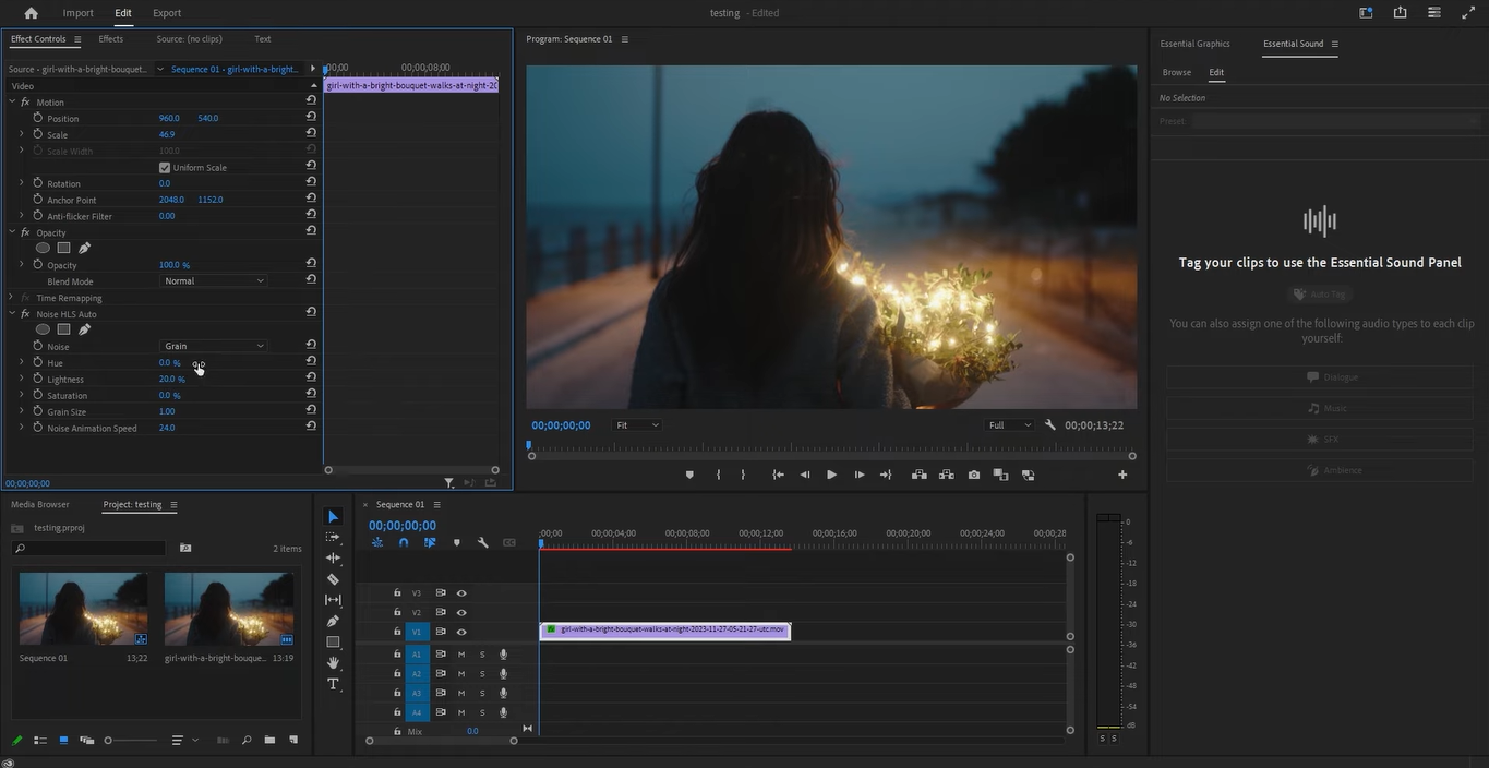 Interface of Premiere Pro - the excellent tool to add old film noise effects to videos