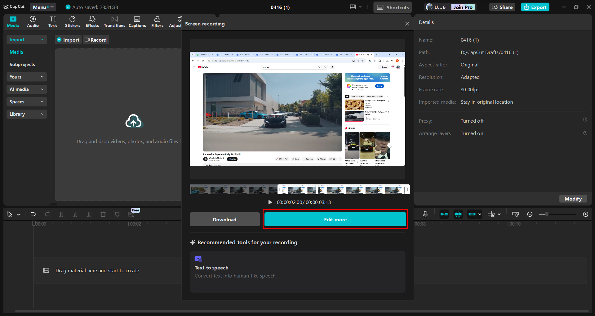Registrazione di uno schermo con l' CapCut editor video desktop