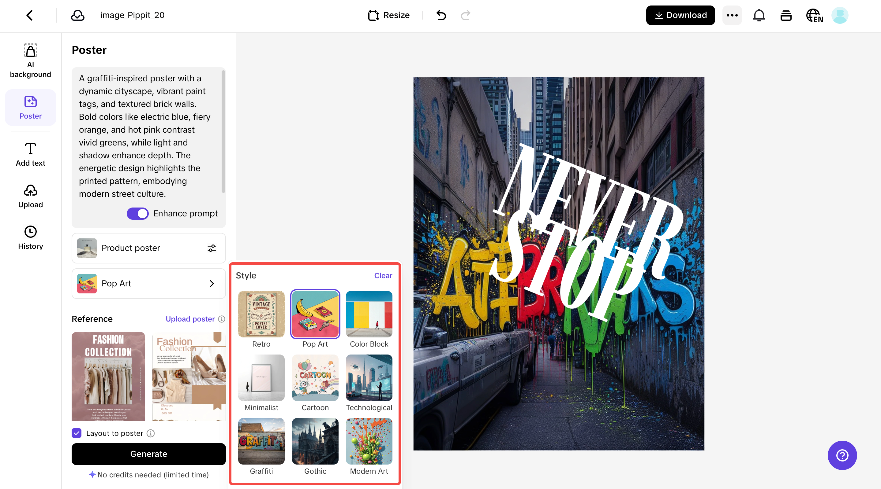 Pippit's image styling options