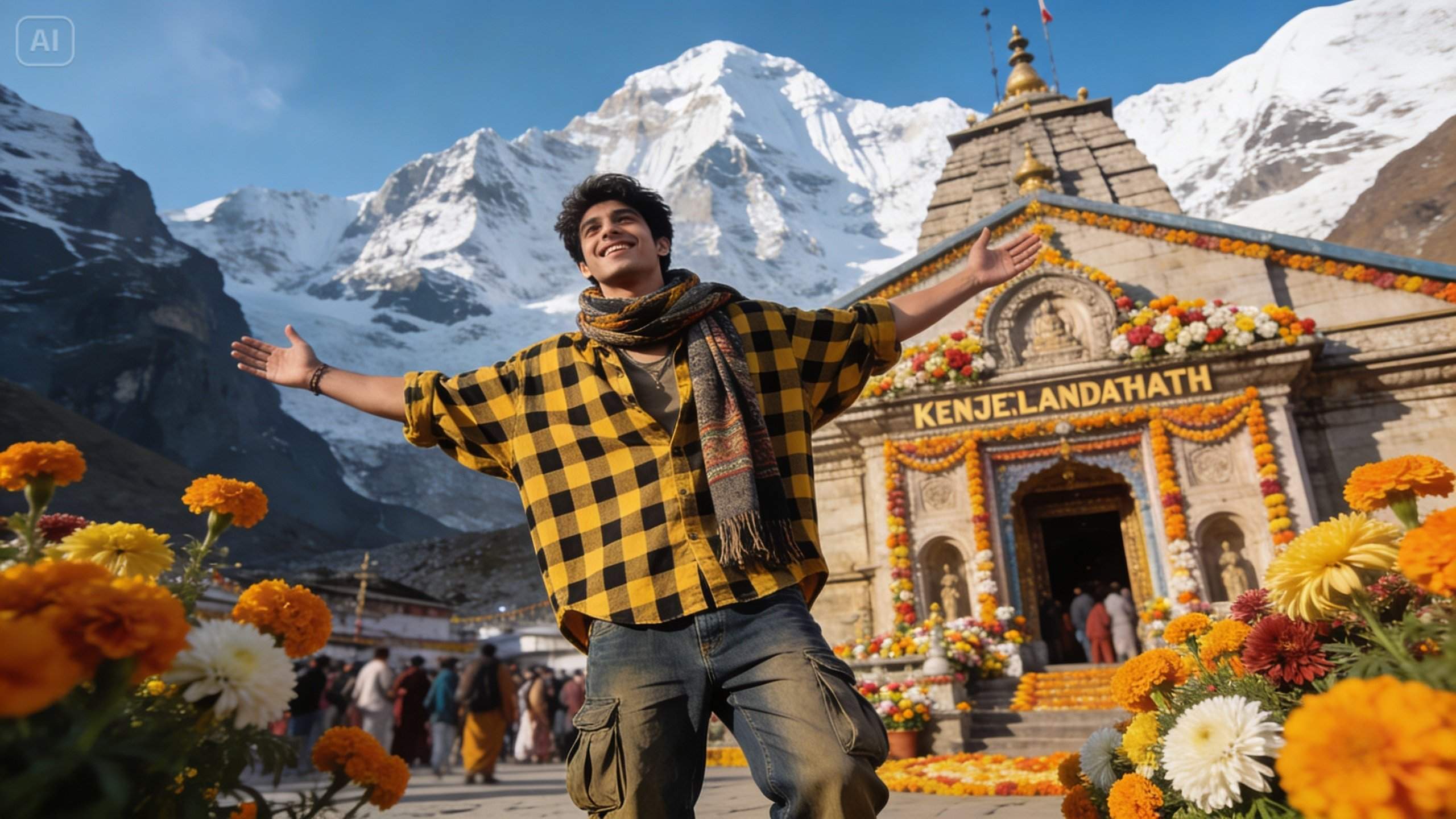Compliance-first Kedarnath Temple content focusing on landscapes, signage, routes, and weather—no deity depictions.