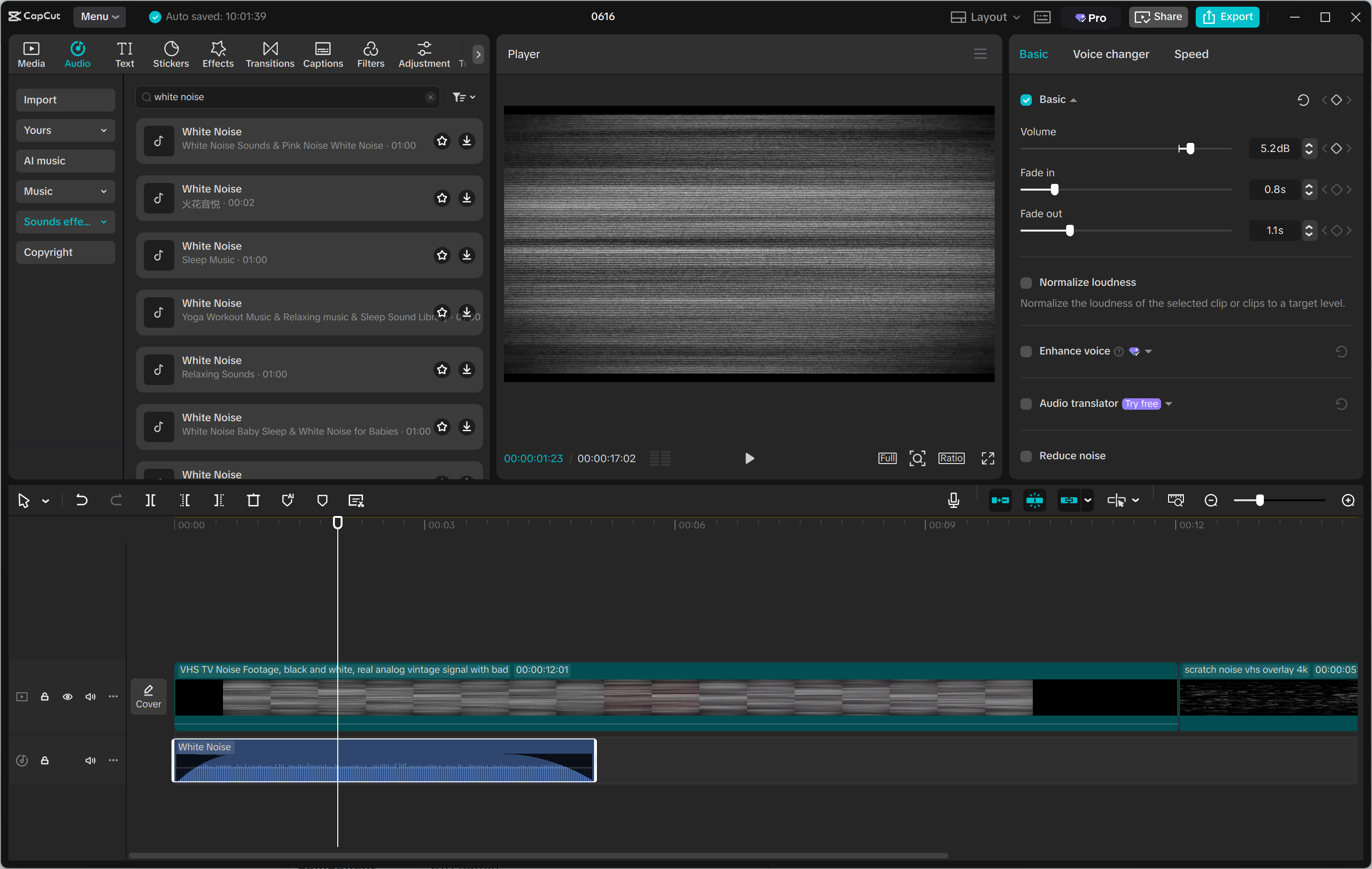 Interface of the CapCut desktop video editor incorporating white noise into video