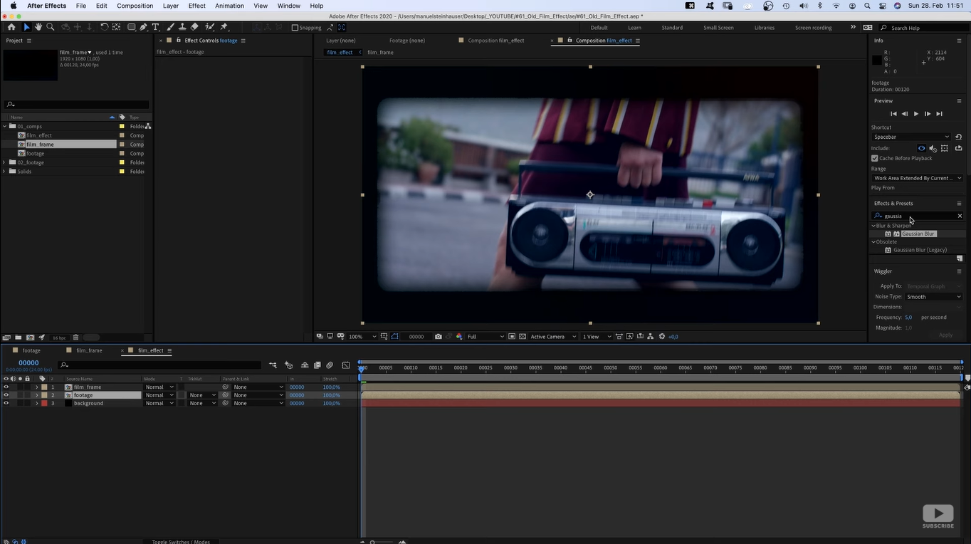 Interface of After Effects - the reliable tool to add old film noise effects to videos