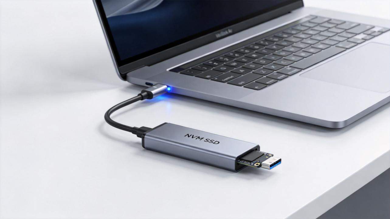 Laptop connected to an NVMe SSD drive via USB