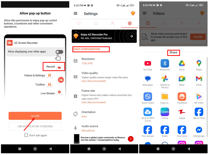Obrázek ukazuje, jak zachytit GIF v AZ rekordéru pomocí mobilního telefonu