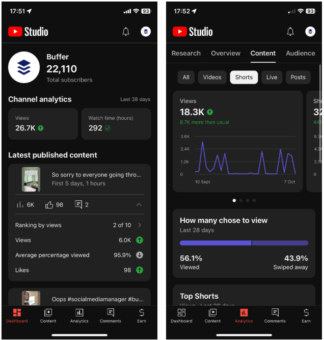 Mostrando como ver as análises do YouTube Shorts no celular