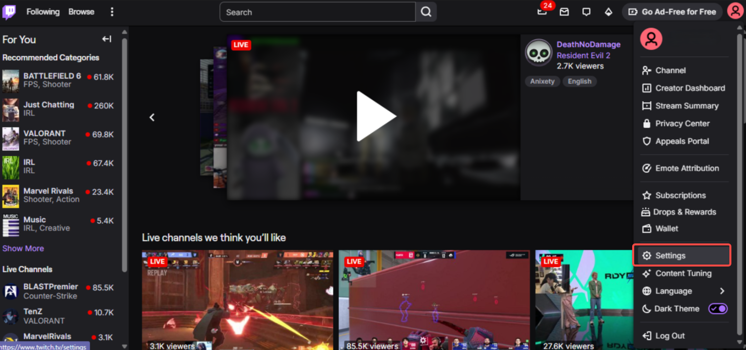 Опция настроек Twitch
