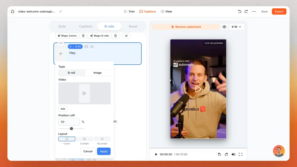 Interface of Submagic AI - an efficient tool to add captions to videos