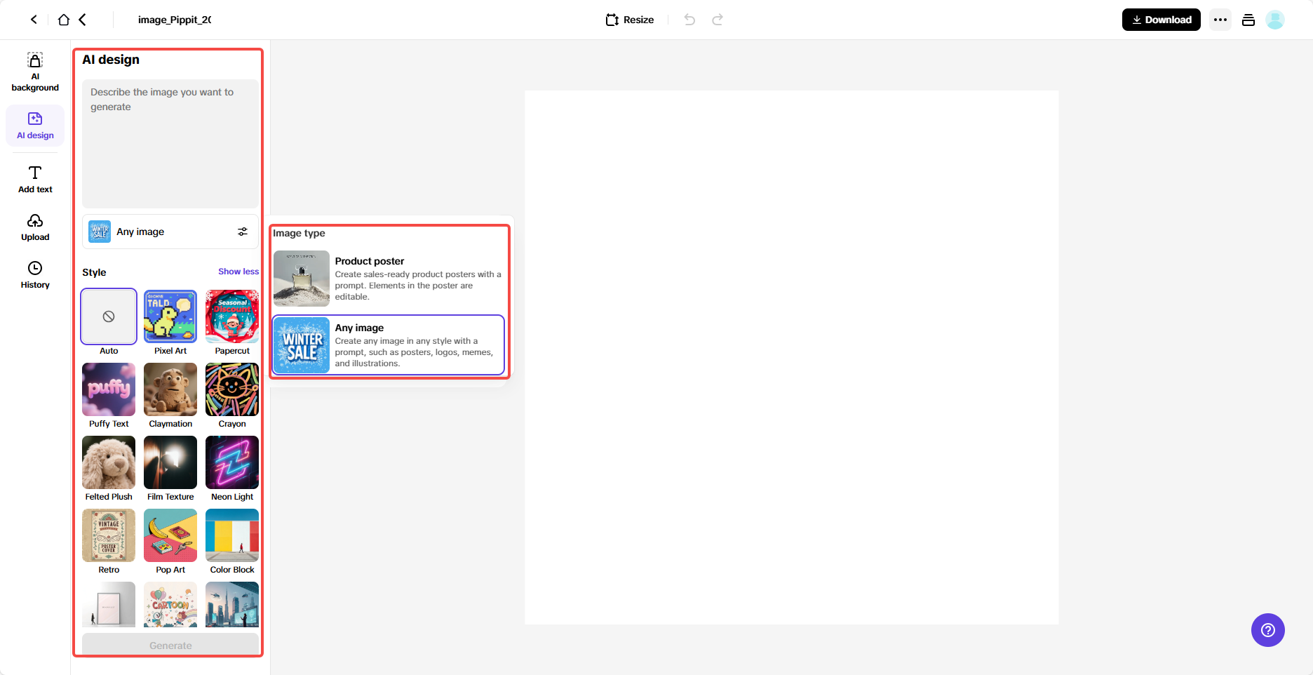Access AI design and generate