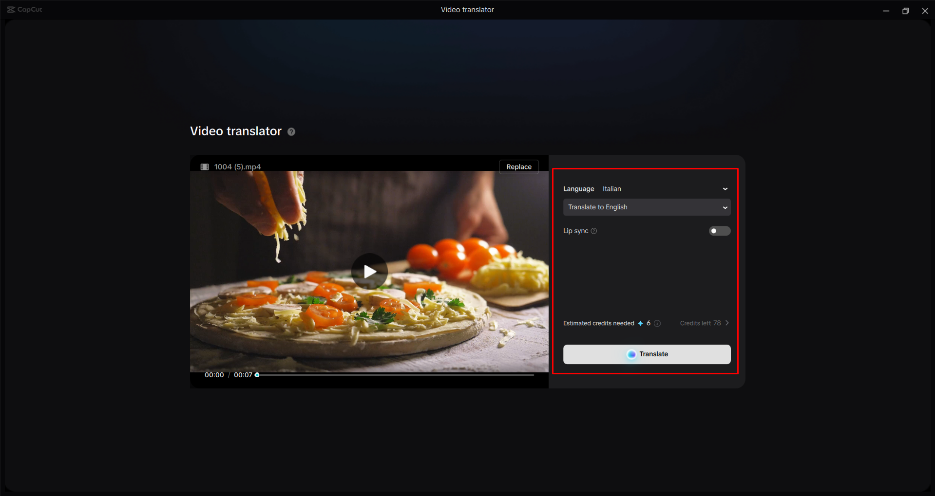 Translating a video in the CapCut desktop video editor