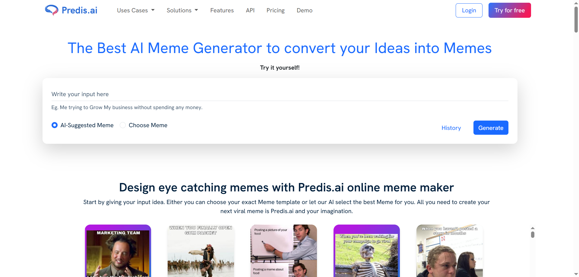 Screenshot showing the home interface of Predis AI Meme generator